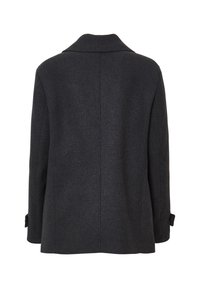 Charcoal gray wool coat with long sleeves, back seam detail, and basic collar, shown from the back on a white background.