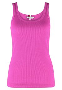 Fuchsiový top na ramínka vyrobený z žebrované látky, s kulatým výstřihem a logem na přední straně. Hladká textura a přiléhavý střih.