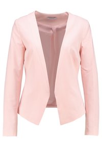 Light pink fitted blazer with a v-neckline, long sleeves, and a smooth texture. The design features a clean, open front with minimal stitching.