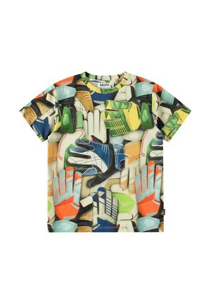 T-shirt met korte mouwen met een meerkleurige print van verschillende handschoenen op een crème achtergrond. Gemaakt van zachte stof; ontworpen met een ronde hals.