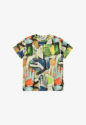 Kortærmet t-shirt med et flerfarvet print af forskellige handsker på en cremefarvet baggrund. Fremstillet af blødt stof; rund halsdesign.