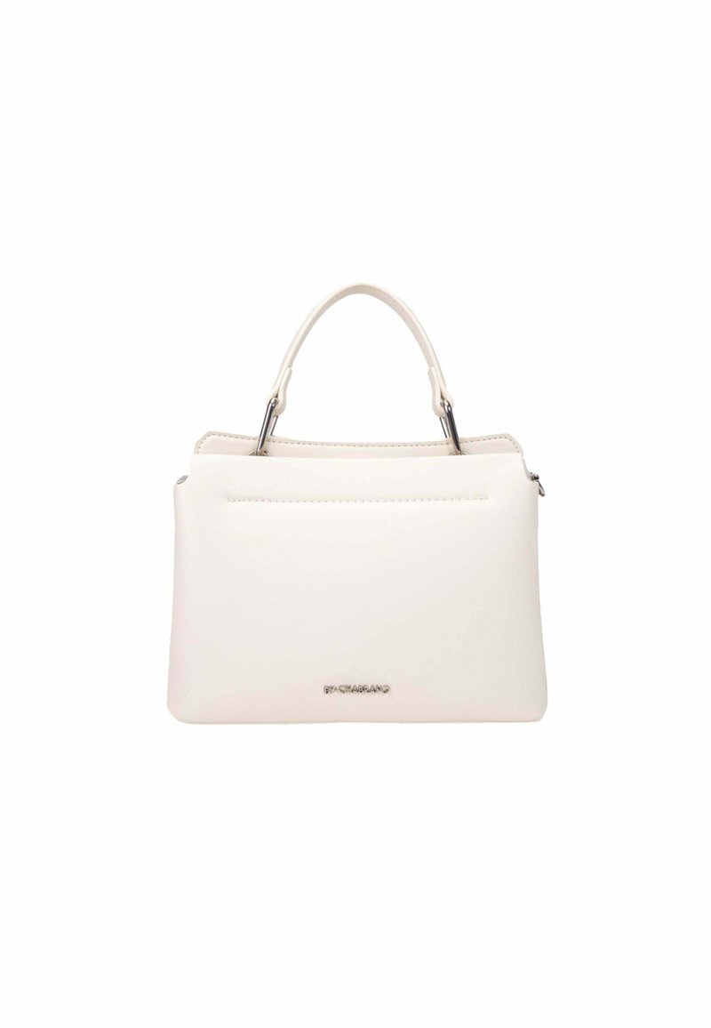 Sac à main en simili cuir blanc avec une forme structurée, des poignées supérieures, une fermeture zippée et des accents en métal argenté minimalistes. Poche avant à glissière incluse.