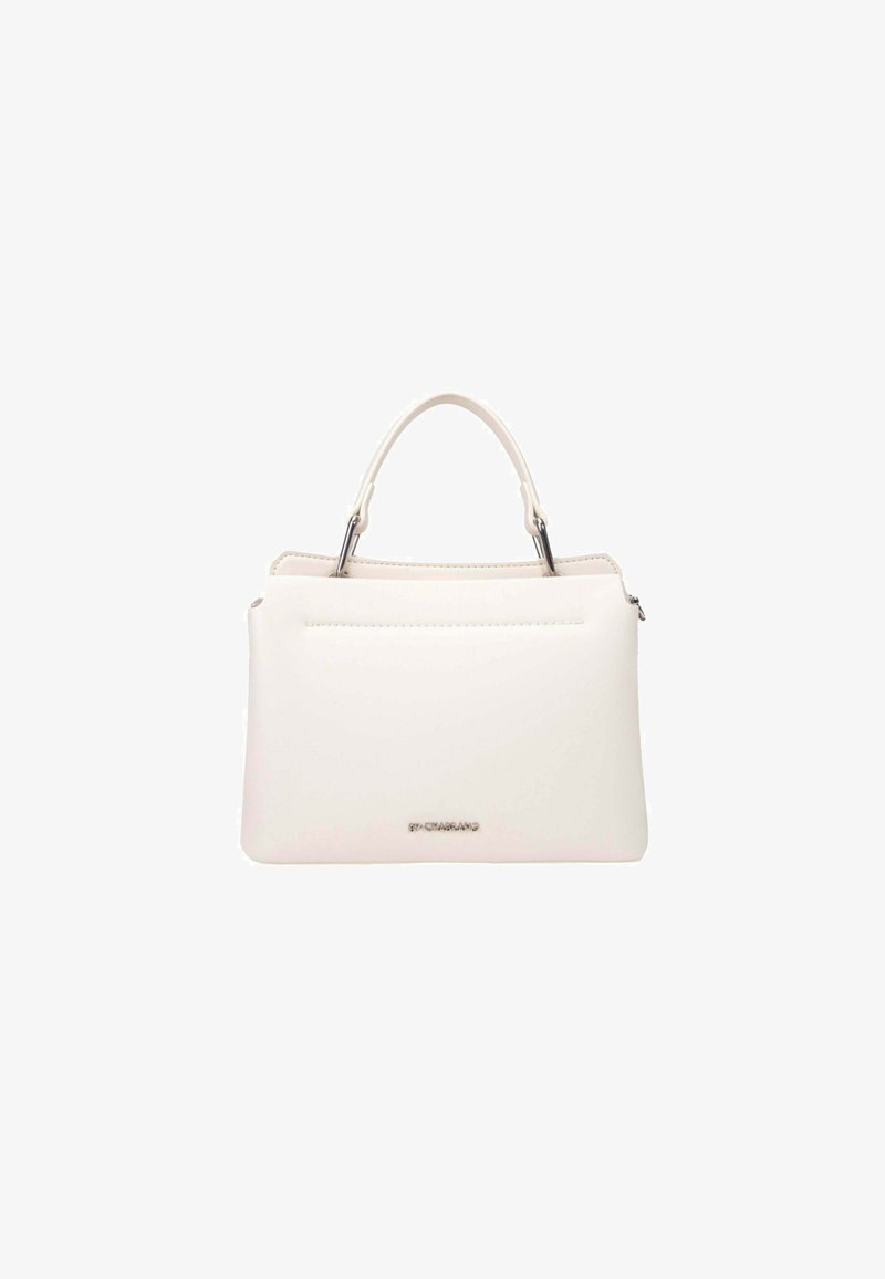 Sac à main en simili cuir blanc avec une forme structurée, des poignées supérieures, une fermeture zippée et des accents en métal argenté minimalistes. Poche avant à glissière incluse.