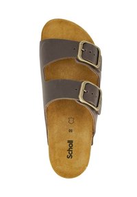 Sandalo in pelle marrone con due fibbie regolabili, una soletta sagomata e una suola testurizzata. Marchio "Scholl" visibile. Taglia 36.