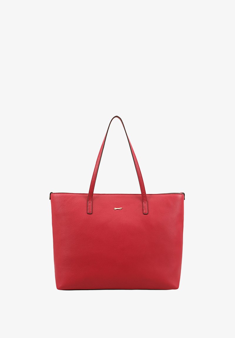 Rode leren tote bag met lange handvatten, een gladde textuur en een gouden accentlogo. Rectangulaire vorm en een ritssluiting.