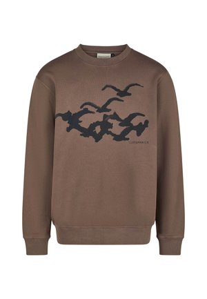 Brown sweatshirt with a crew neck featuring a dark blue bird silhouette design across the chest. Ribbed cuffs and hem, casual fit.