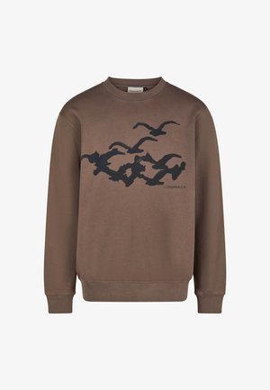 Brown sweatshirt with a crew neck featuring a dark blue bird silhouette design across the chest. Ribbed cuffs and hem, casual fit.