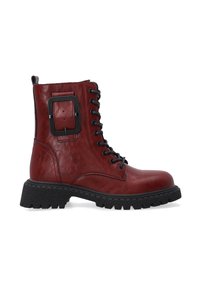 Red leather ankle boot with black laces, textured surface, rubber sole, and a prominent rectangular buckle detail on the side.