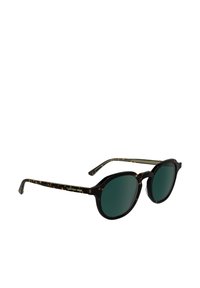 Schwarze und schildpattfarbene Sonnenbrille mit grünen Gläsern, runder Form und einem goldenen Logo am Schläfenbereich. Sie zeichnet sich durch eine glatte Oberfläche und modernes Design aus.