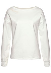 White long-sleeve sweatshirt with a boat neckline. Features gathered cuffs and embossed branding on the shoulder. Soft cotton fabric.