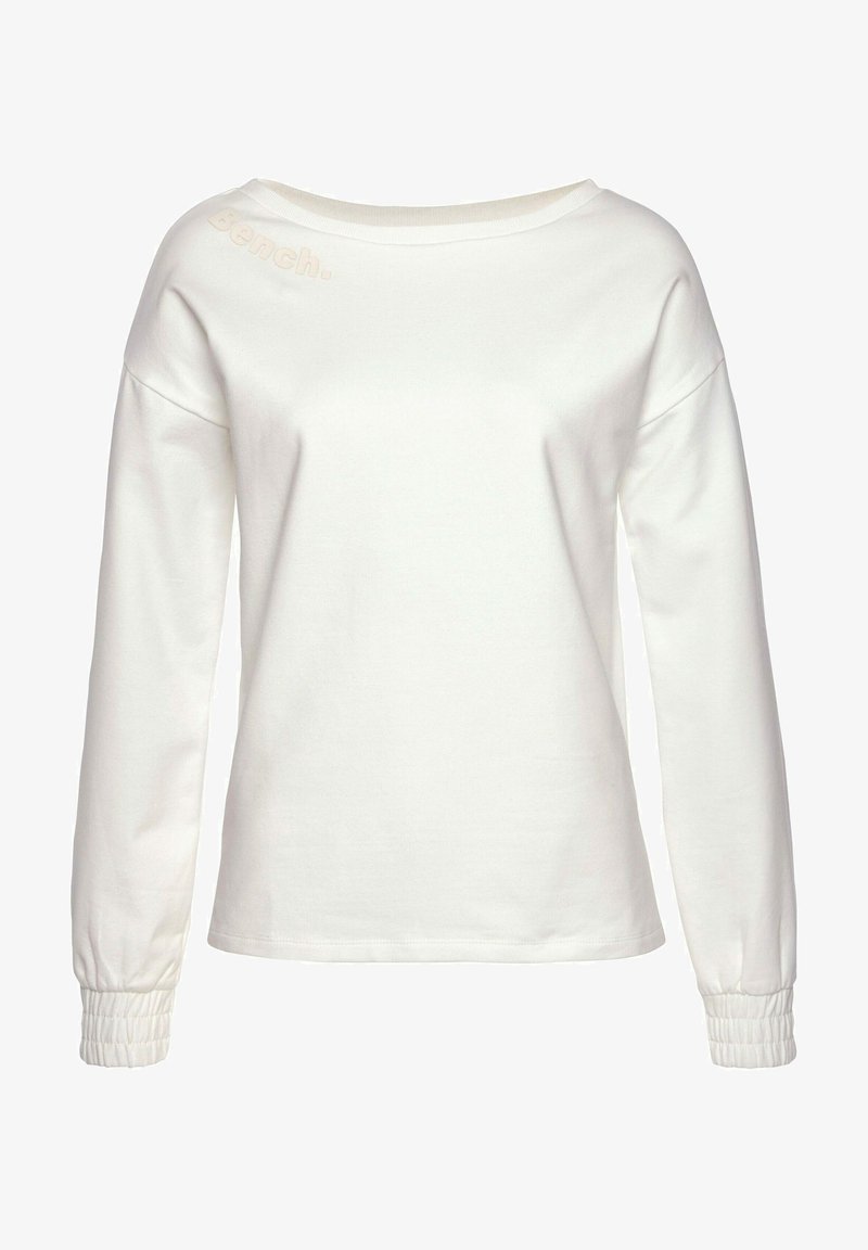 White long-sleeve sweatshirt with a boat neckline. Features gathered cuffs and embossed branding on the shoulder. Soft cotton fabric.