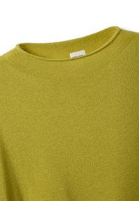 Hellgrüner Pullover mit rundem Ausschnitt, gefertigt aus einem glatten Strickstoff. Verfügt über eine gleichmäßige Textur und ein minimalistisches Design.