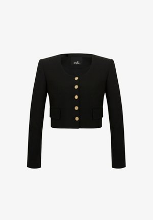 Zwarte cropped jas met lange mouwen, gouden knopen frontsluiting, twee voorzakken en een ronde halslijn. Gladde stoftextuur.