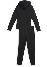 Set di felpa nera con pantaloni abbinati, realizzato in tessuto morbido. La felpa presenta una tasca frontale e polsini elastici, i pantaloni hanno una vita elastica.