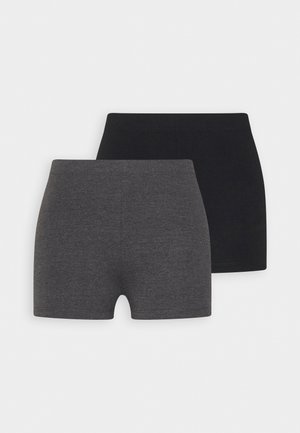 Two pairs of stretchy boxer shorts: one in solid black, the other in dark gray heather, both with elastic waistbands and a smooth texture.