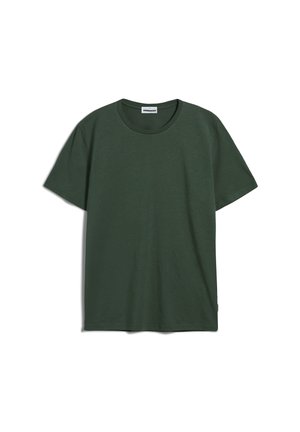 Mørkegrøn, kortærmet t-shirt i en blød bomuldsblanding, der har en klassisk rund hals og en afslappet pasform. Minimalistisk design uden mønstre.