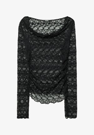 Black lace long-sleeve top featuring a draped neckline, intricate floral pattern, and textured finish with a slightly transparent design.