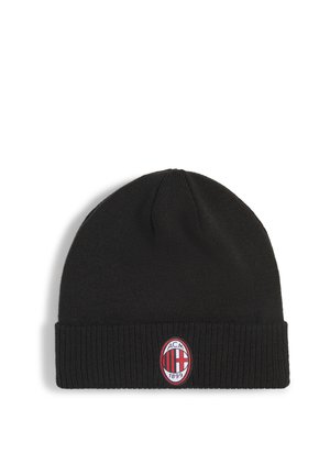 Czarna dziana czapka z podwiniętym mankietem z czerwono-białym emblematem klubu piłkarskiego AC Milan na środku z przodu.