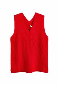 Röd ribbad ärmlös topp med en djup V-ringning och en crossover-bakdesign. Tillverkad av texturerad stickad tyg. Raka fållar längst ner.