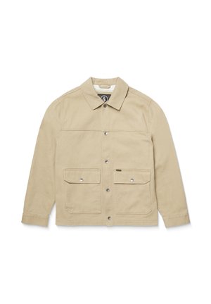 Beige, long-sleeve jacket made of cotton with a collared neck, snap-button front closure, and two chest pockets. Smooth texture.