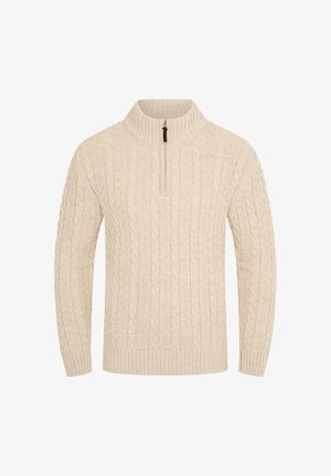 Cremfarbener Kabelstrickpullover mit hohem Kragen und halbem Reißverschluss. Verfügt über strukturierte Muster im gesamten Pullover. Gerippte Bündchen und Saum.