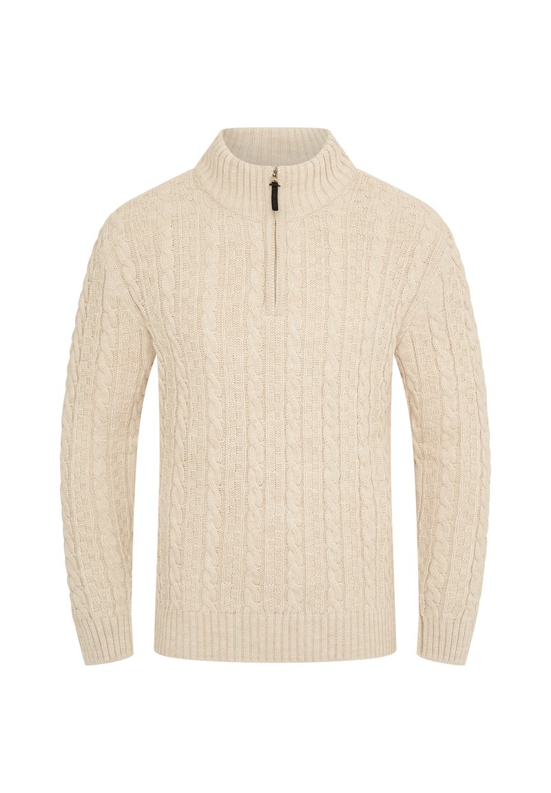 Cremfarbener Kabelstrickpullover mit hohem Kragen und halbem Reißverschluss. Verfügt über strukturierte Muster im gesamten Pullover. Gerippte Bündchen und Saum.