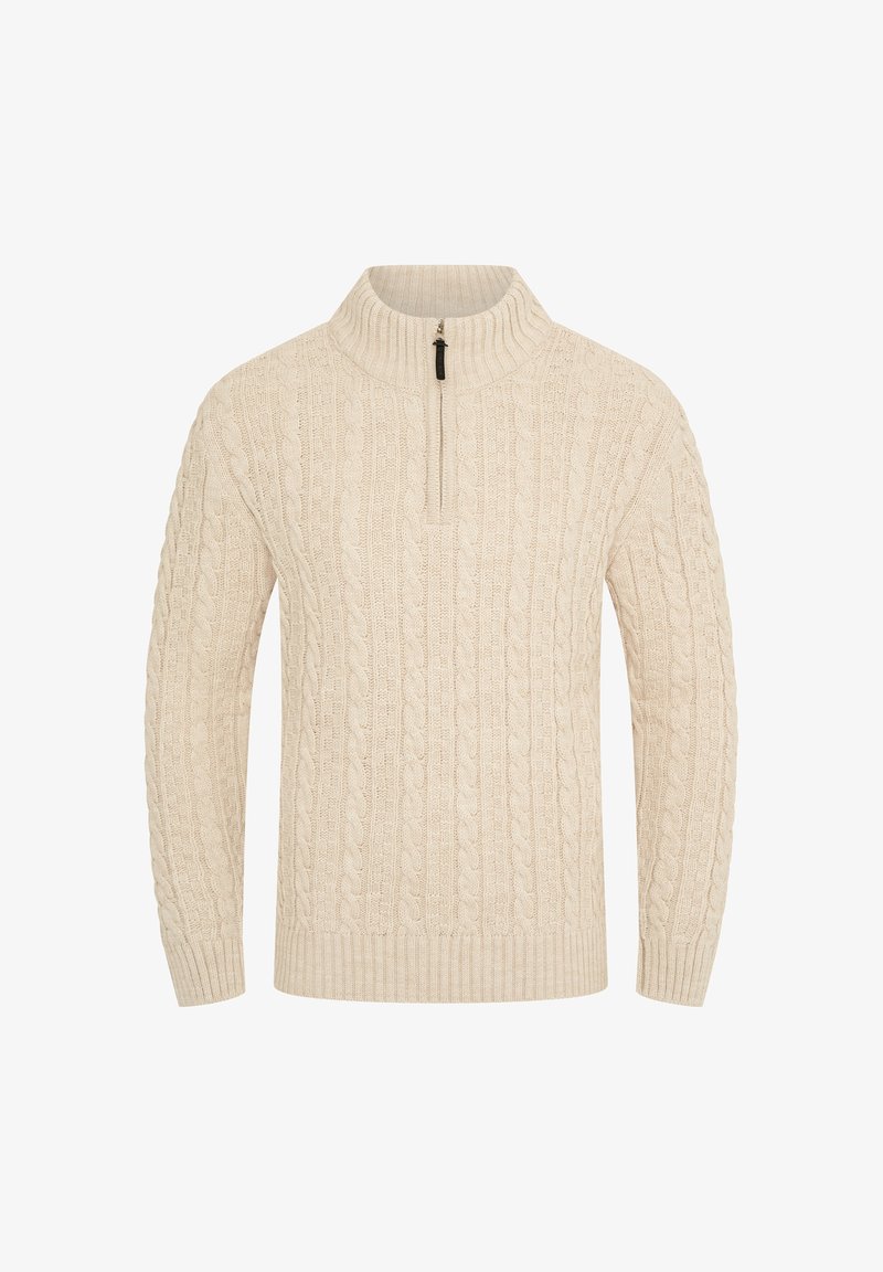 Cremfarbener Kabelstrickpullover mit hohem Kragen und halbem Reißverschluss. Verfügt über strukturierte Muster im gesamten Pullover. Gerippte Bündchen und Saum.