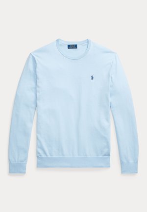 Sudadera azul claro de manga larga con cuello redondo, hecha de algodón, con cuello y dobladillo acanalados, y un pequeño logo bordado en el pecho.