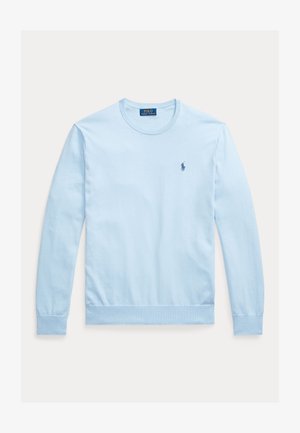 Sudadera azul claro de manga larga con cuello redondo, hecha de algodón, con cuello y dobladillo acanalados, y un pequeño logo bordado en el pecho.