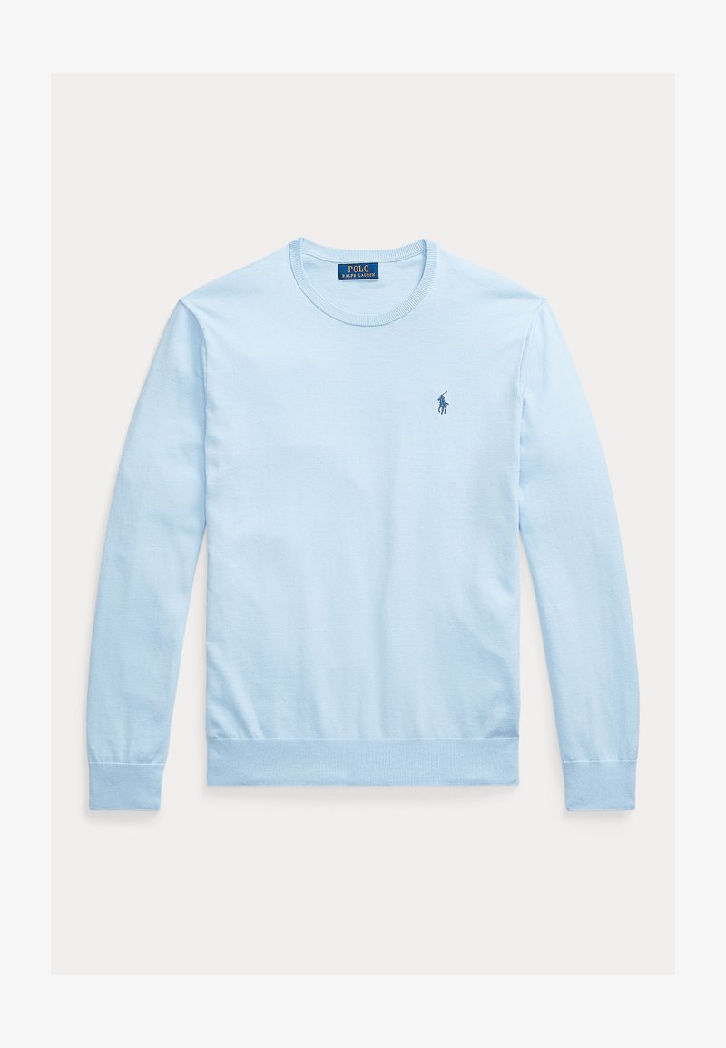 Felpa a maniche lunghe con girocollo di colore azzurro chiaro, realizzata in cotone, con collo e orlo a coste e un piccolo logo ricamato sul petto.