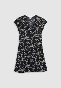 Robe marine avec manches courtes style casquette, décolleté en V, et motif floral blanc et jaune sur toute la surface ; tissu doux avec un ourlet évasé.