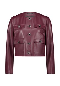Bordowa skórzana krótka kurtka z zaokrąglonym dekoltem, pięcioma dużymi czarnymi guzikami oraz dwoma przednimi kieszeniami z klapami.