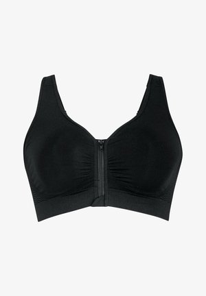 Fekete vezeték nélküli melltartó elöl cipzárral, puha anyagból, széles pántokkal és ráncolt részletekkel a középen. Sima textúra és varrat nélküli kialakítás.