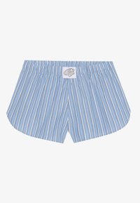 Light blue cotton boxers with vertical white stripes, featuring an elastic waistband and a small embroidered logo on the front.