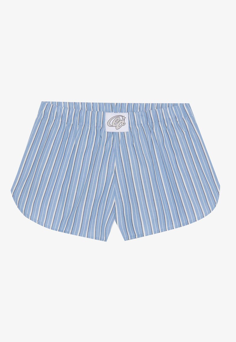 Lichtblauwe katoenen boxershort met verticale witte strepen, voorzien van een elastische tailleband en een klein geborduurd logo aan de voorkant.