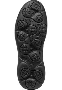 Suola di scarpa in gomma nera con modelli di grip testurizzati, forme circolari e fori di ventilazione, con il marchio Geox e una finitura liscia.