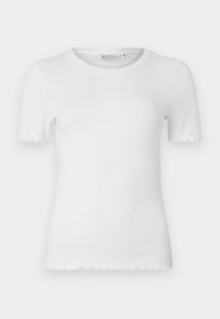T-shirt bianco a maniche corte in tessuto a costine, con scollatura rotonda e orlo a sottiletta su maniche e bordo inferiore.