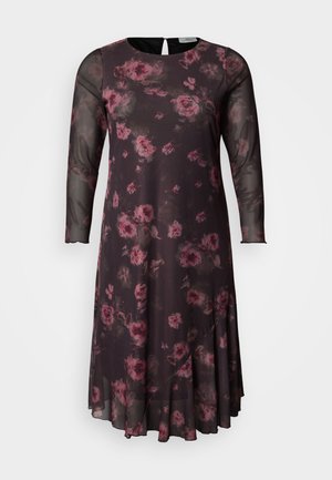 Dark floral dress with sheer long sleeves, featuring pink rose patterns, a rounded neckline, and a keyhole back detail. Flared hemline.