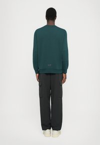 Sweatshirt verde com mangas longas e gola redonda, apresentando uma textura ligeiramente ribada e um logótipo roxo na parte inferior das costas. Usado com calças cargo pretas largas.
