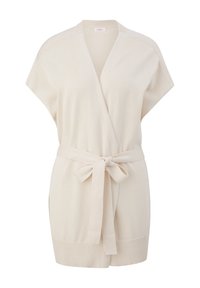Cream-colored short-sleeve knit cardigan with V-neck and a matching belt tied in a bow at the waist.