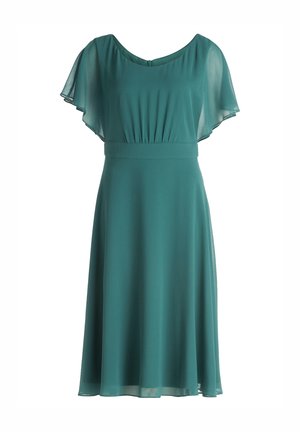 Teal Kleid aus leichtem Stoff, mit runder Ausschnitt, kurzen, fließenden Ärmeln und einer taillierten Taille, die in einen weit schwingenden Rock übergeht.