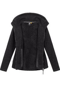 Schwarze Fleece-Zip-Up-Jacke mit einem flauschigen Innenfutter, einer Kapuze und kontrastierenden glatten Seitenpaneelen. Verfügt über einen Reißverschluss und ein Etikett innen.