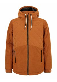Braune Cordjacke mit gestepptem Design, Kapuze, schwarzem Reißverschluss, zwei seitlichen Taschen und kontrastierenden weißen Kordeln.
