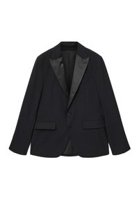 Blazer nero su misura con rever in raso, due tasche a pattina frontali, taschino sul petto e chiusura a due bottoni.