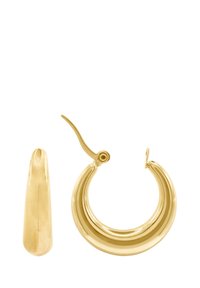 Gold hoop earrings featuring a smooth, rounded design with a polished finish. One earring is a full hoop; the other is a slender post.