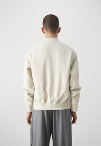 Sweatshirt beige clair au fit décontracté, avec des poignets et une taille à côtes. Tissu texturé et design simple et minimaliste. Présenté de dos.