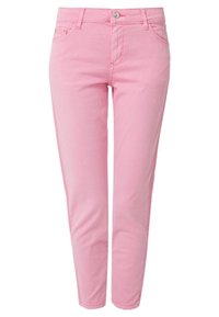 Jeans de mezclilla rosas con corte ajustado, cremallera y cinco bolsillos. Presentan costuras sutiles y un acabado limpio en los dobladillos.