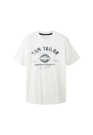 Biała bawełniana koszulka z okrągłym dekoltem, krótkimi rękawami i nadrukiem graficznym z przodu w kolorze czarnym i niebieskim z nazwą marki "Tom Tailor."