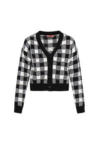 Cardigan corto a scacchi bianco e nero con scollatura a V, maniche lunghe e cinque bottoni neri lungo la parte anteriore. Tessuto morbido.