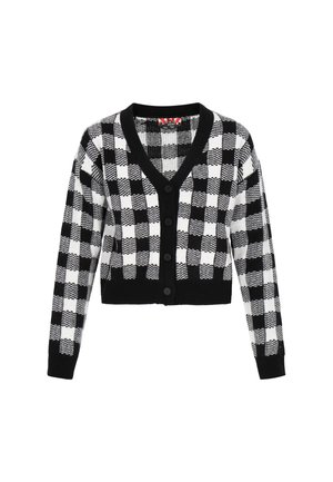 Black and white checkered cropped cardigan with a V-neck, long sleeves, and five black buttons along the front. Soft texture.